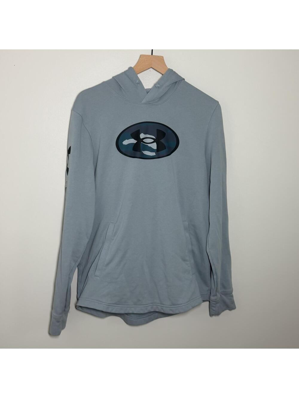 Under Armour ColdGear Hoodie Mens L Blue Camo Logo Pullover Sweatshirt Athletic